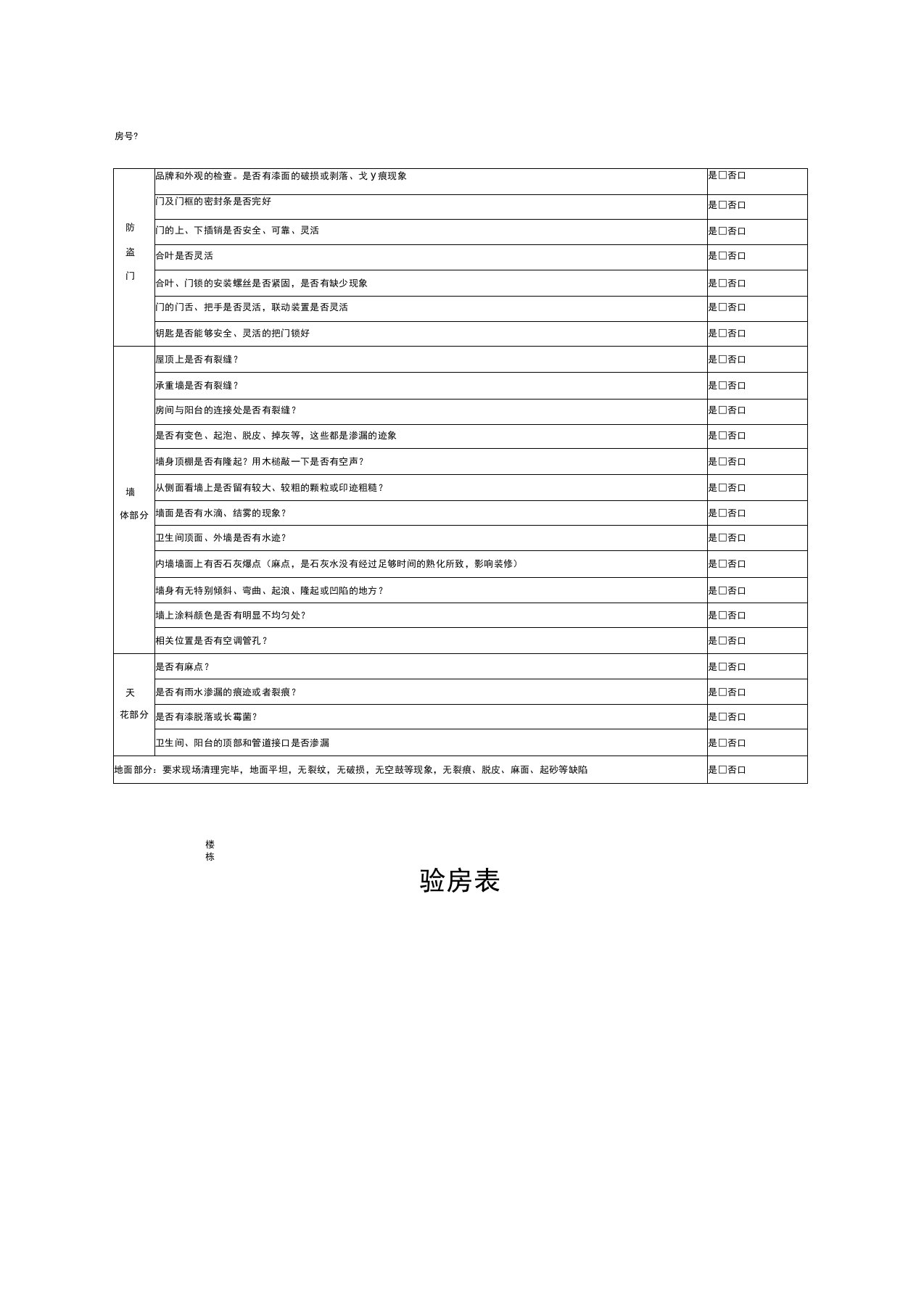 物业公司验房表