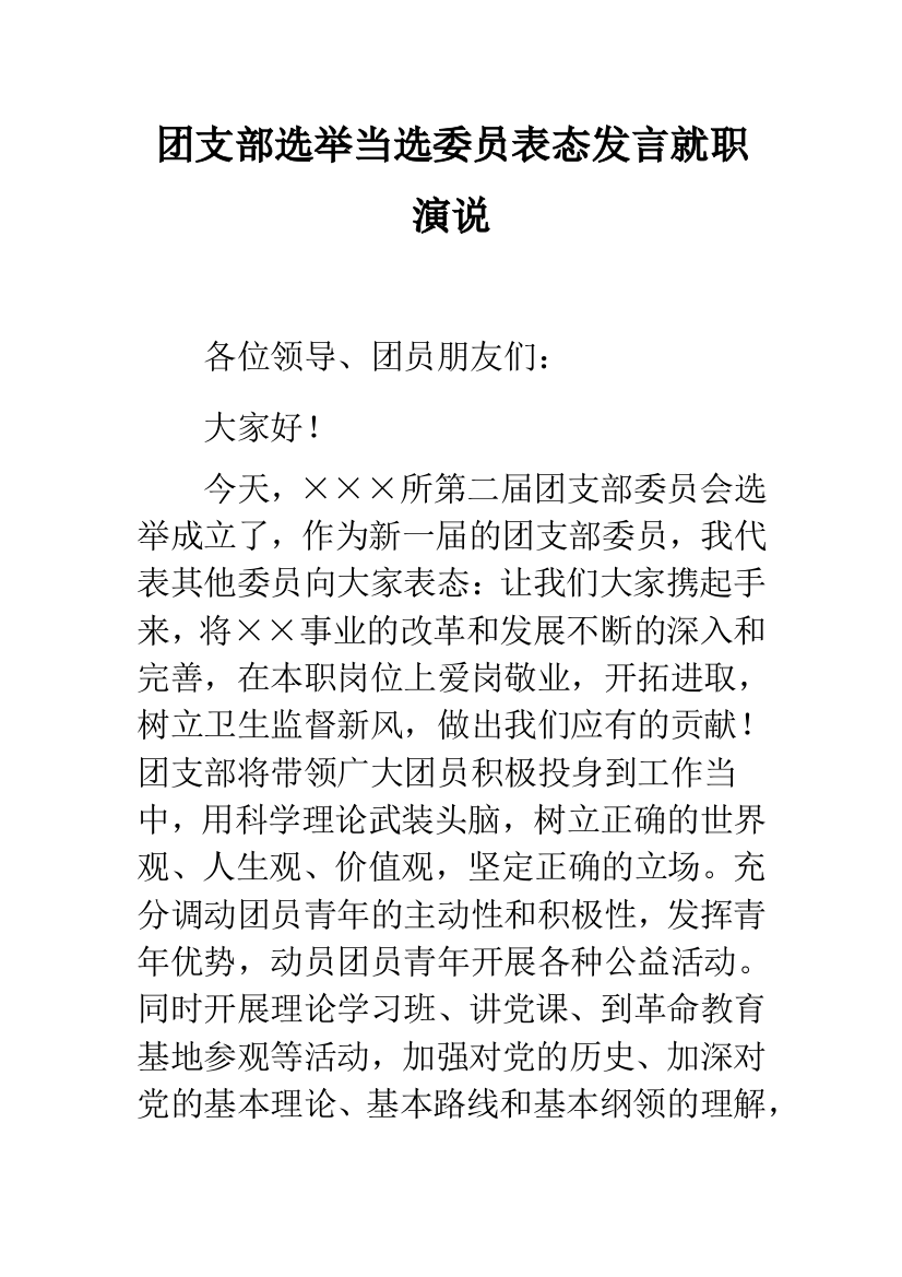 团支部选举当选委员表态发言就职演说