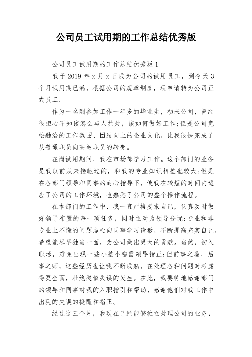 公司员工试用期的工作总结优秀版