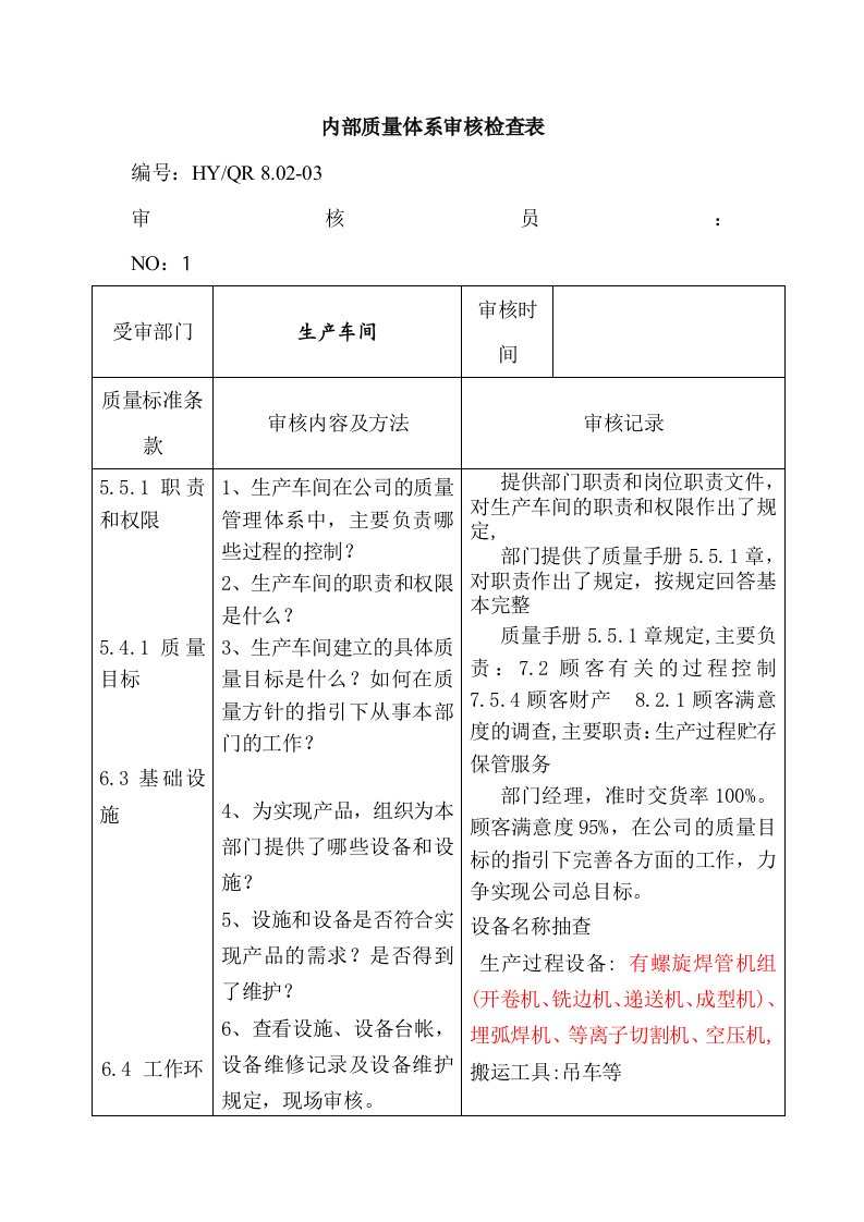 API生产车间内部质量体系审核检查表15页-质量审查