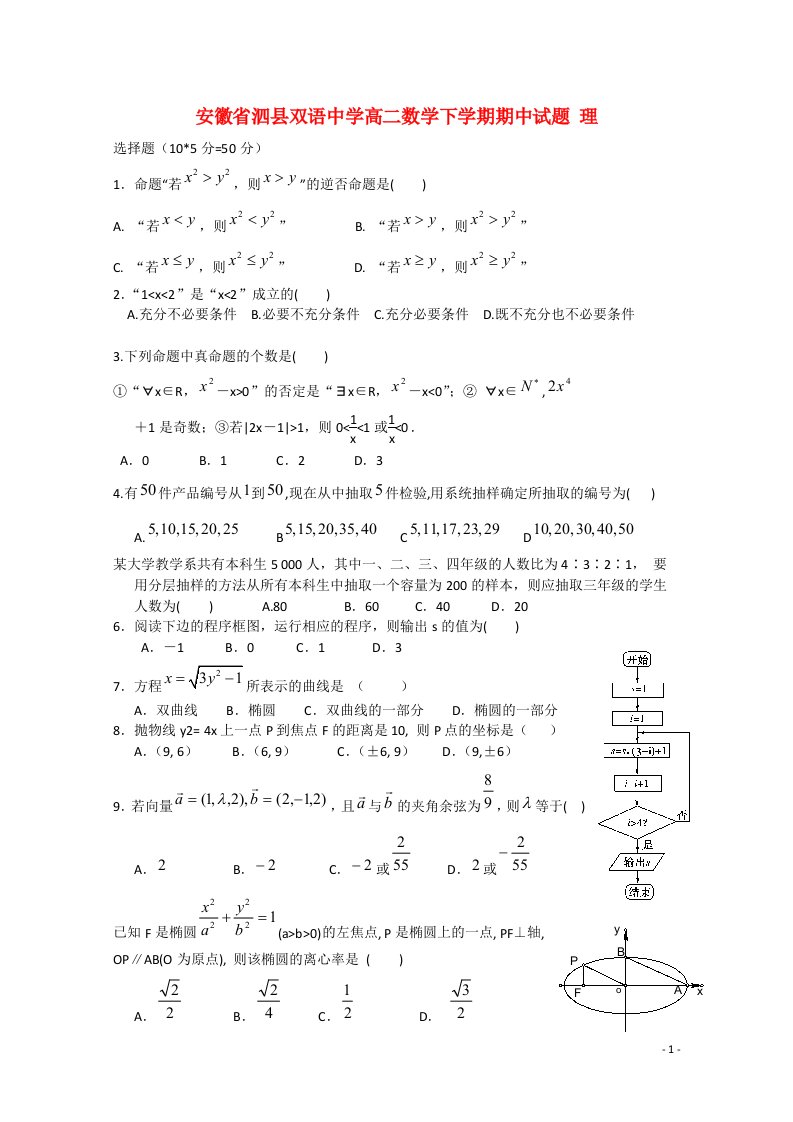 安徽省泗县双语中学高二数学下学期期中试题