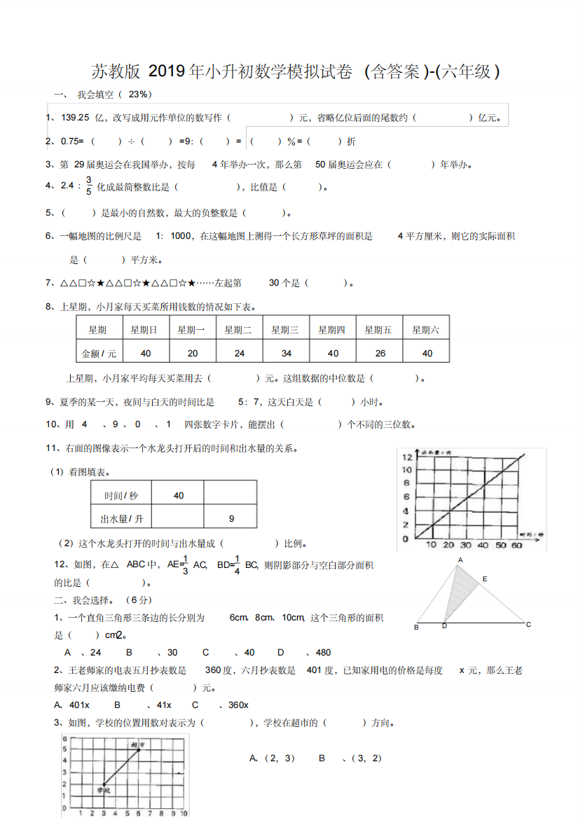 苏教版2020年小升初数学模拟试卷含答案-六年级