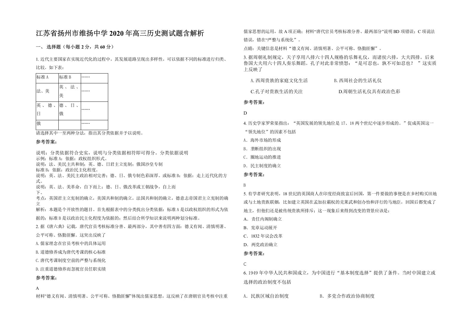 江苏省扬州市维扬中学2020年高三历史测试题含解析