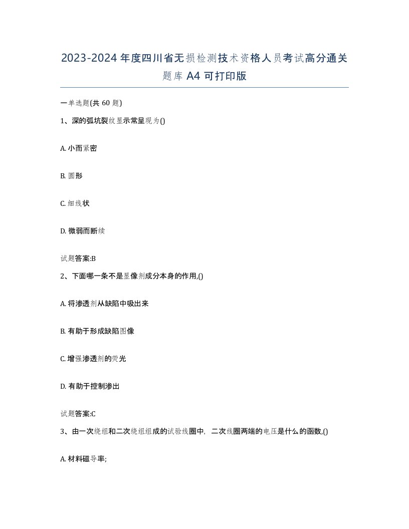 20232024年度四川省无损检测技术资格人员考试高分通关题库A4可打印版