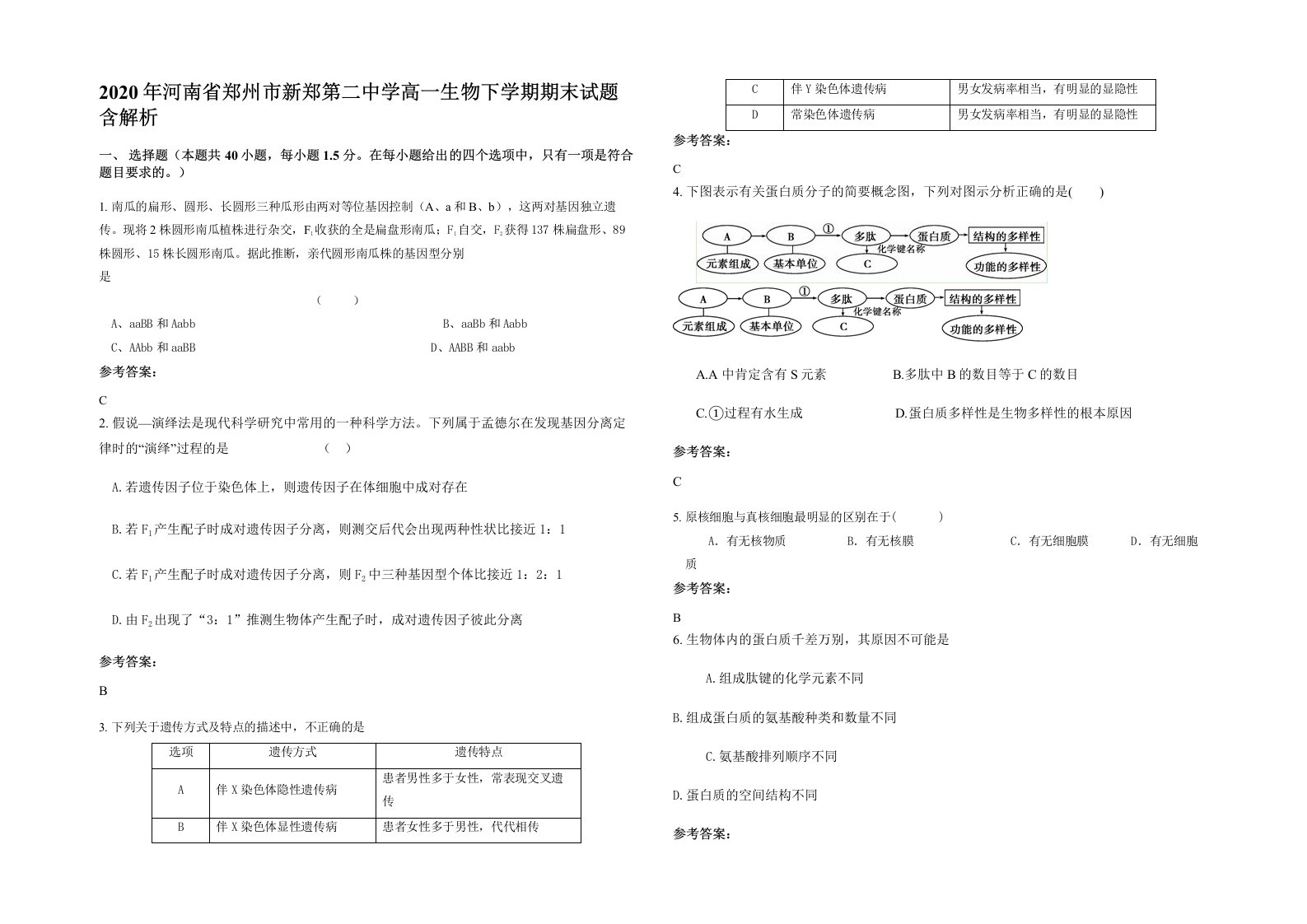 2020年河南省郑州市新郑第二中学高一生物下学期期末试题含解析