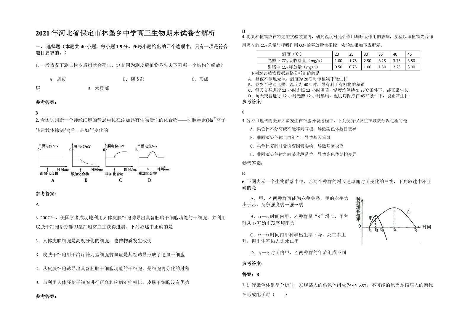 2021年河北省保定市林堡乡中学高三生物期末试卷含解析