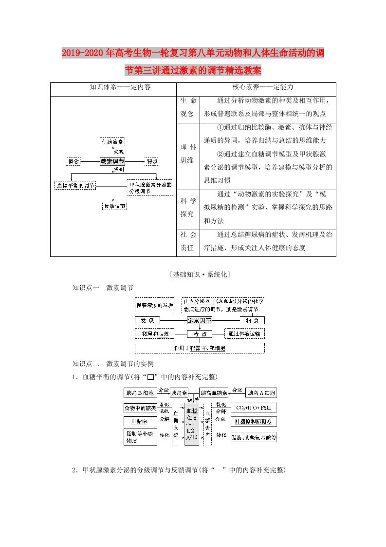 2019-2020年高考生物一轮复习第八单元动物和人体生命活动的调节第三讲通过激素的调节精选教案