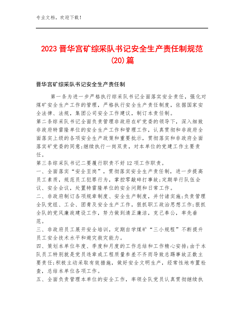 2023晋华宫矿综采队书记安全生产责任制规范(20)篇