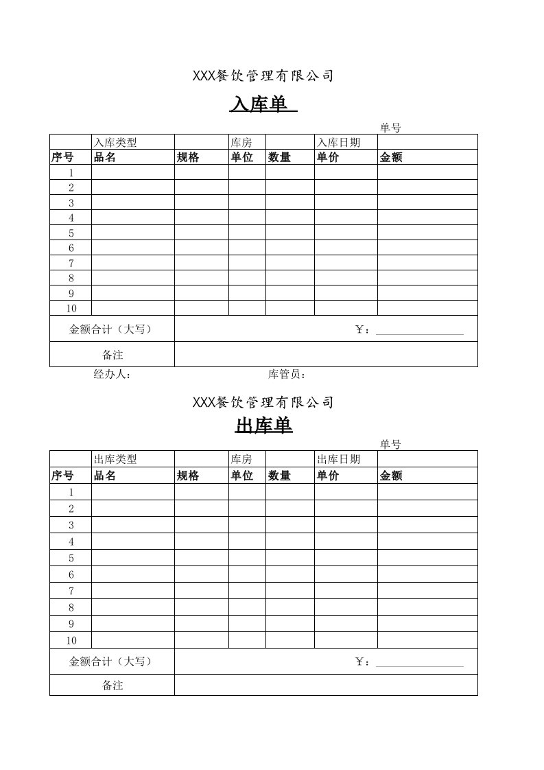 餐厅出入库单营业收入日报表