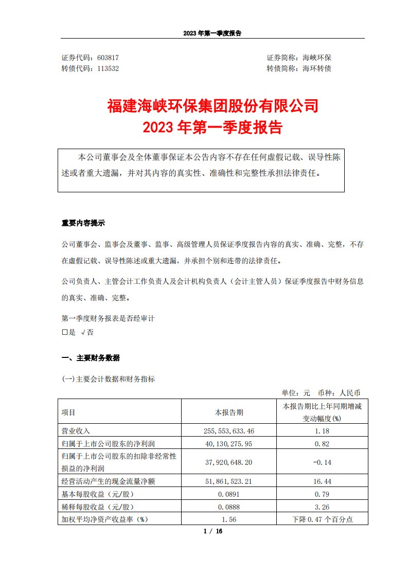 上交所-海峡环保2023年第一季度报告-20230427