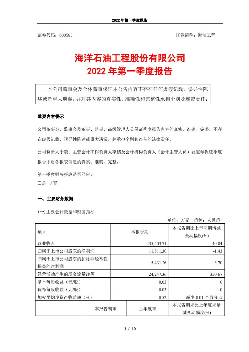 上交所-海油工程2022年第一季度报告-20220428