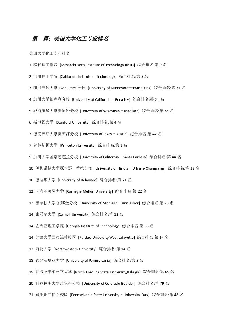 美国大学化工专业排名（精选5篇）[修改版]