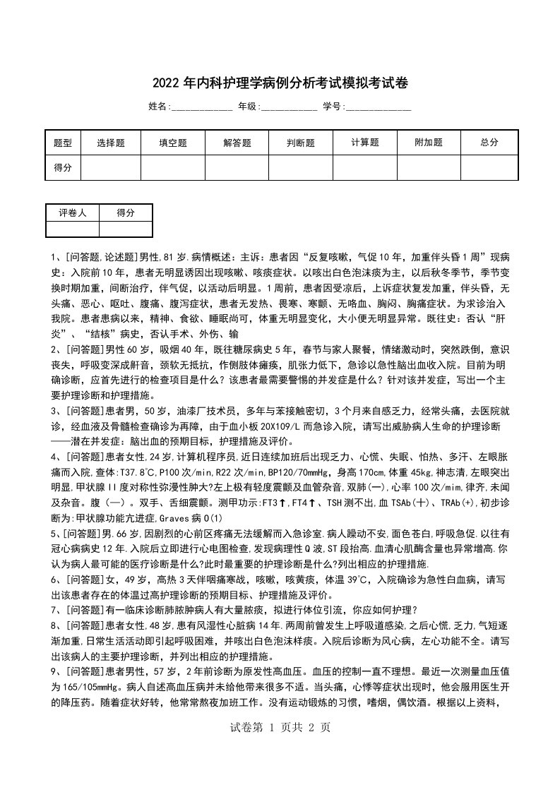 2022年内科护理学病例分析考试模拟考试卷