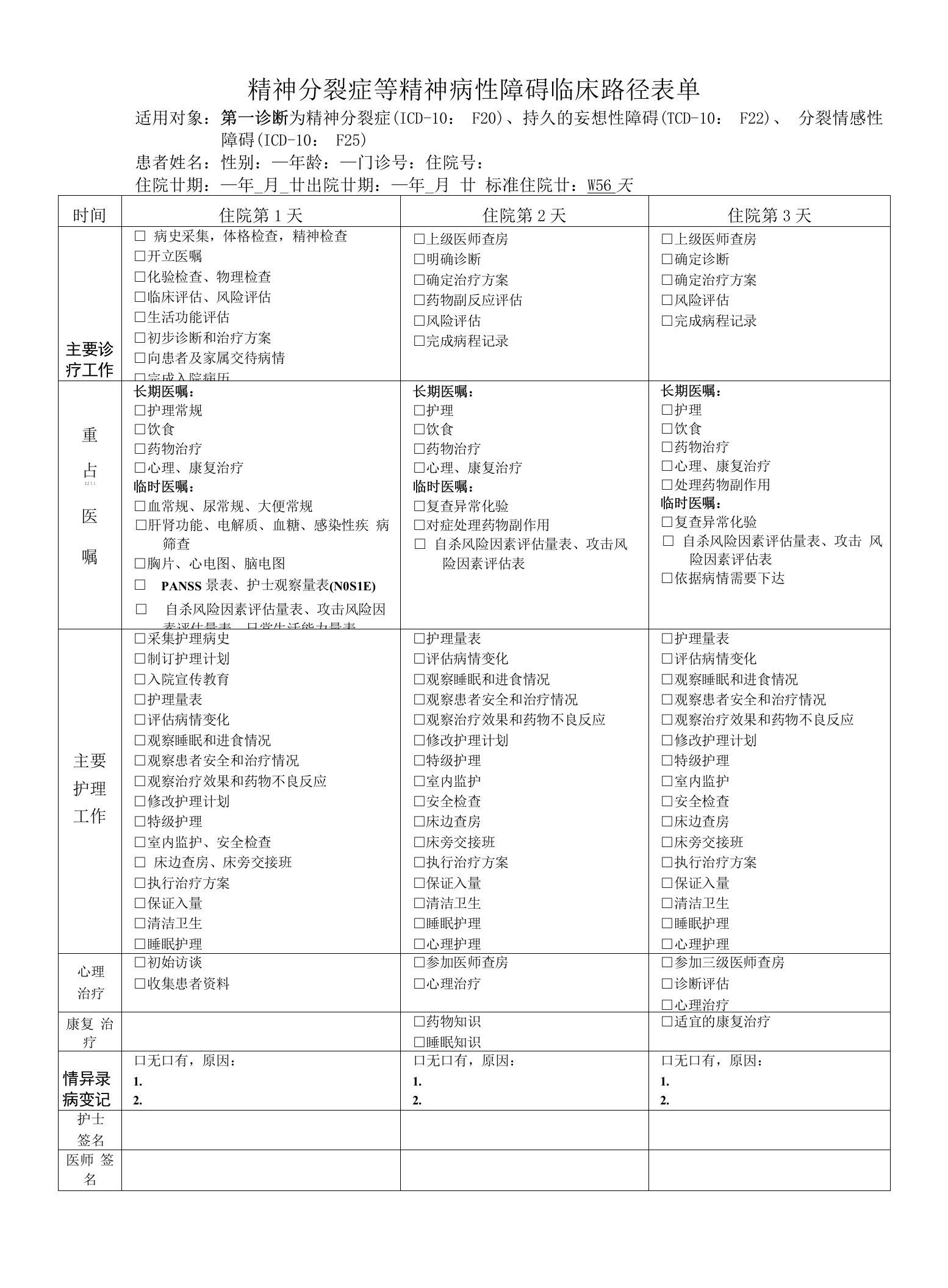 精神分裂症等精神病性障碍临床路径表单