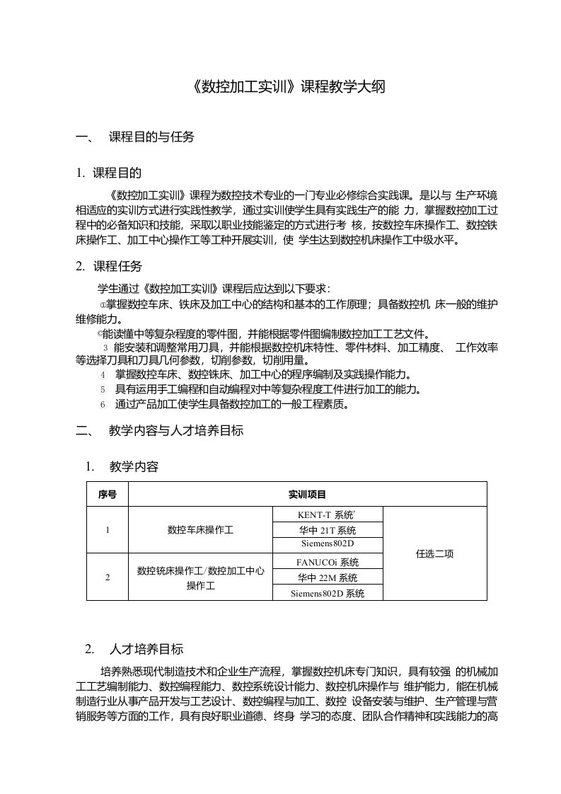 《数控加工实训》课程标准