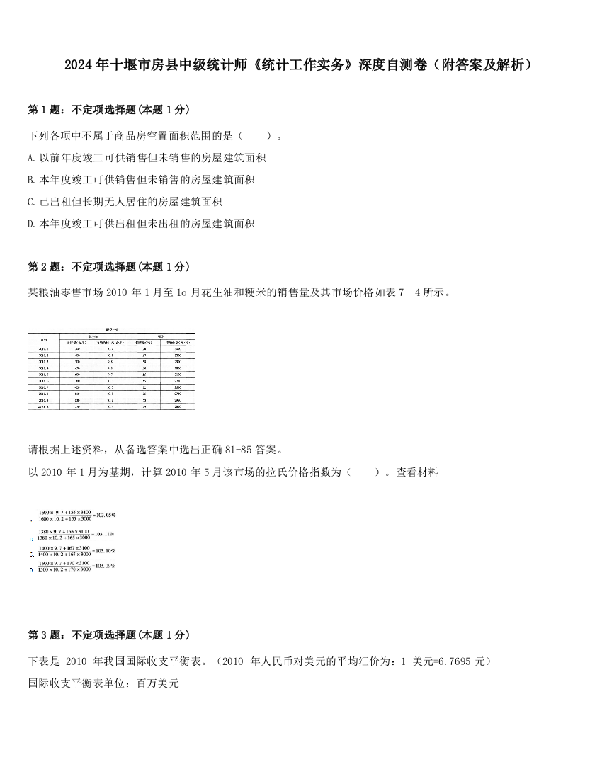 2024年十堰市房县中级统计师《统计工作实务》深度自测卷（附答案及解析）