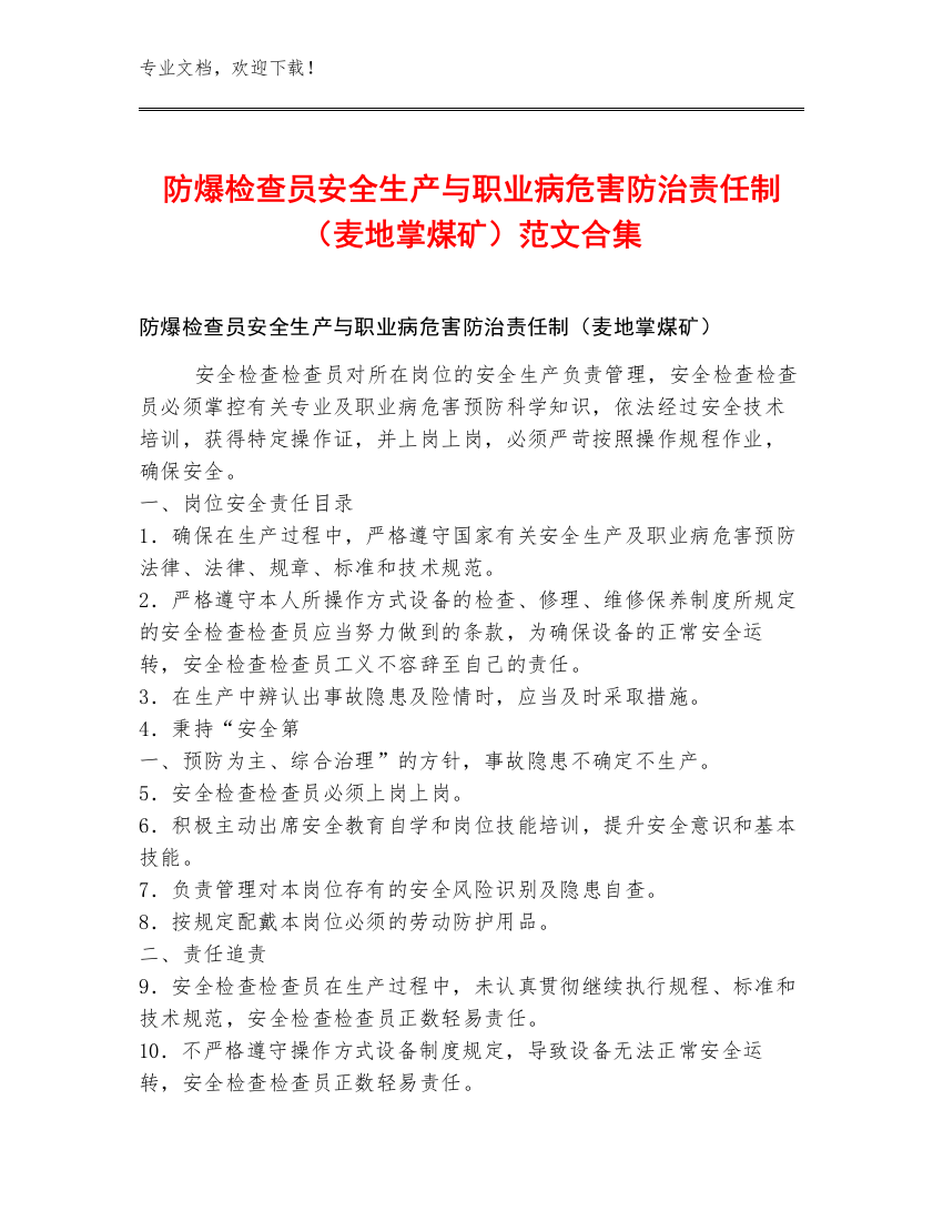 防爆检查员安全生产与职业病危害防治责任制（麦地掌煤矿）范文合集