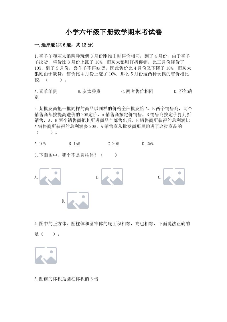 小学六年级下册数学期末考试卷含完整答案（典优）