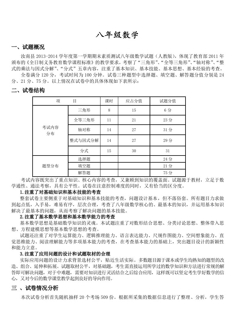 八年级数学成绩分析报告