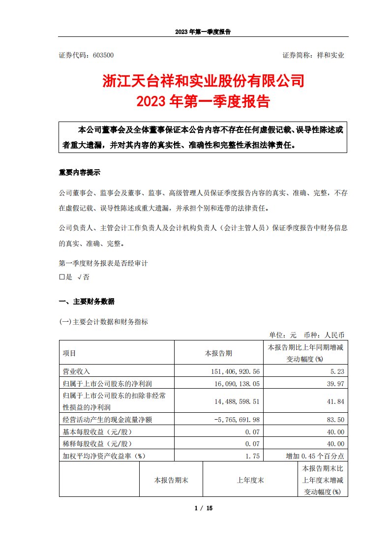 上交所-浙江天台祥和实业股份有限公司2023年第一季度报告-20230425