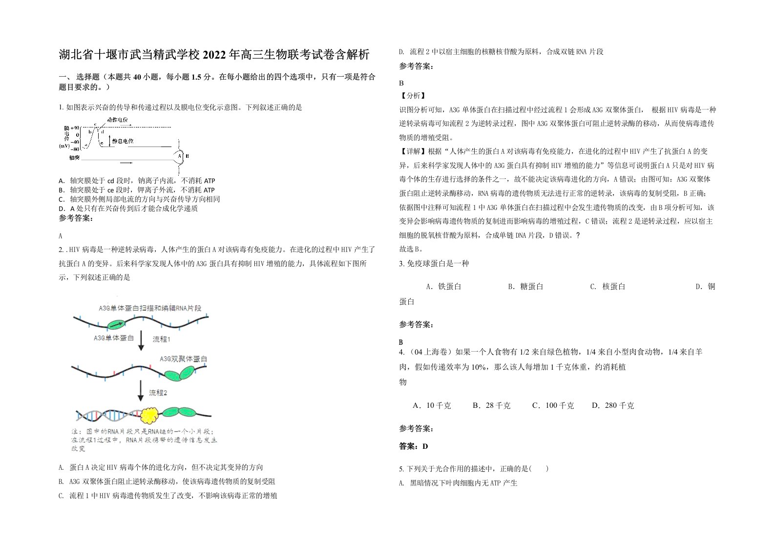 湖北省十堰市武当精武学校2022年高三生物联考试卷含解析