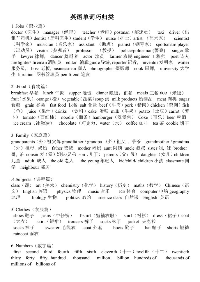 初中英语单词归类