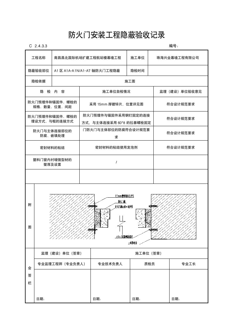 防火门安装工程隐蔽验收记录