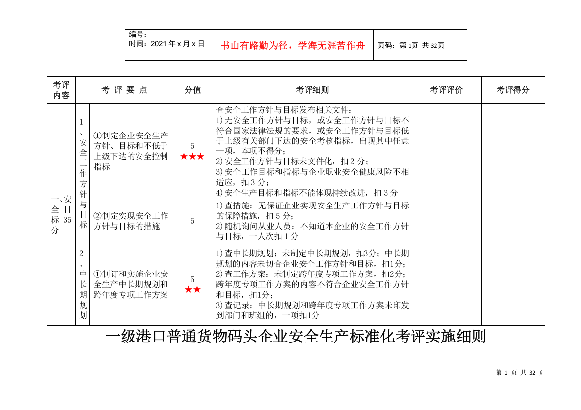 一级港口普通货物码头企业安全生产标准化考评实施细则