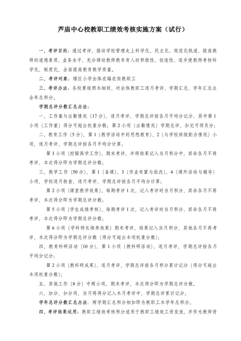 学校教师量化考评方案