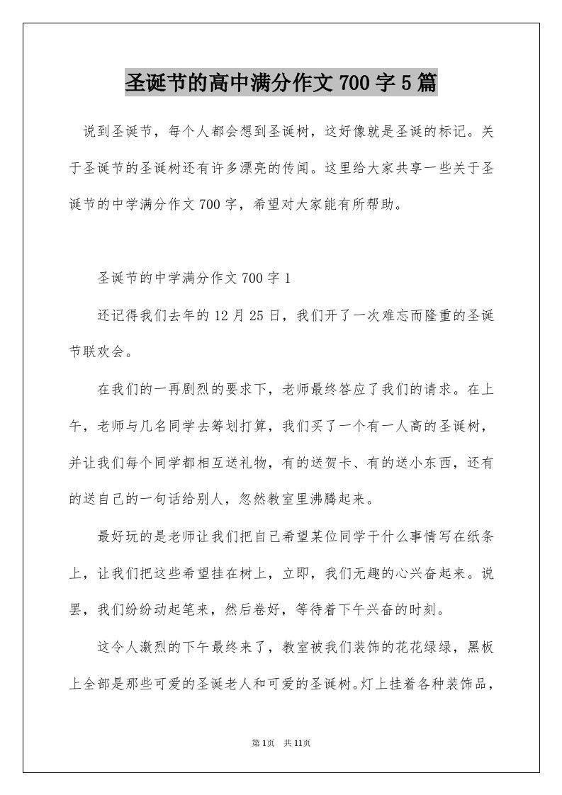 圣诞节的高中满分作文700字5篇