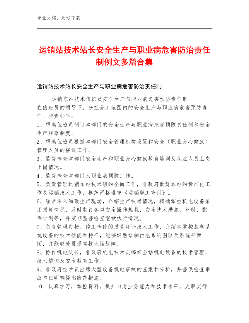 运销站技术站长安全生产与职业病危害防治责任制例文多篇合集