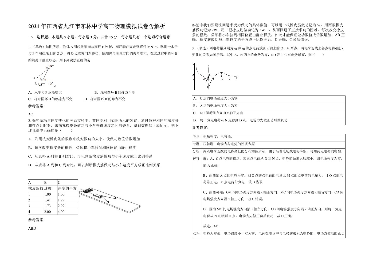 2021年江西省九江市东林中学高三物理模拟试卷含解析