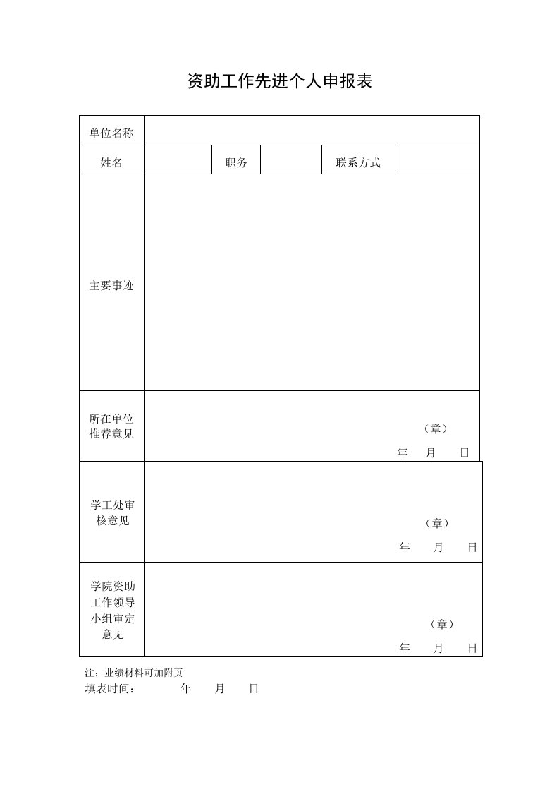 资助工作先进个人申报表