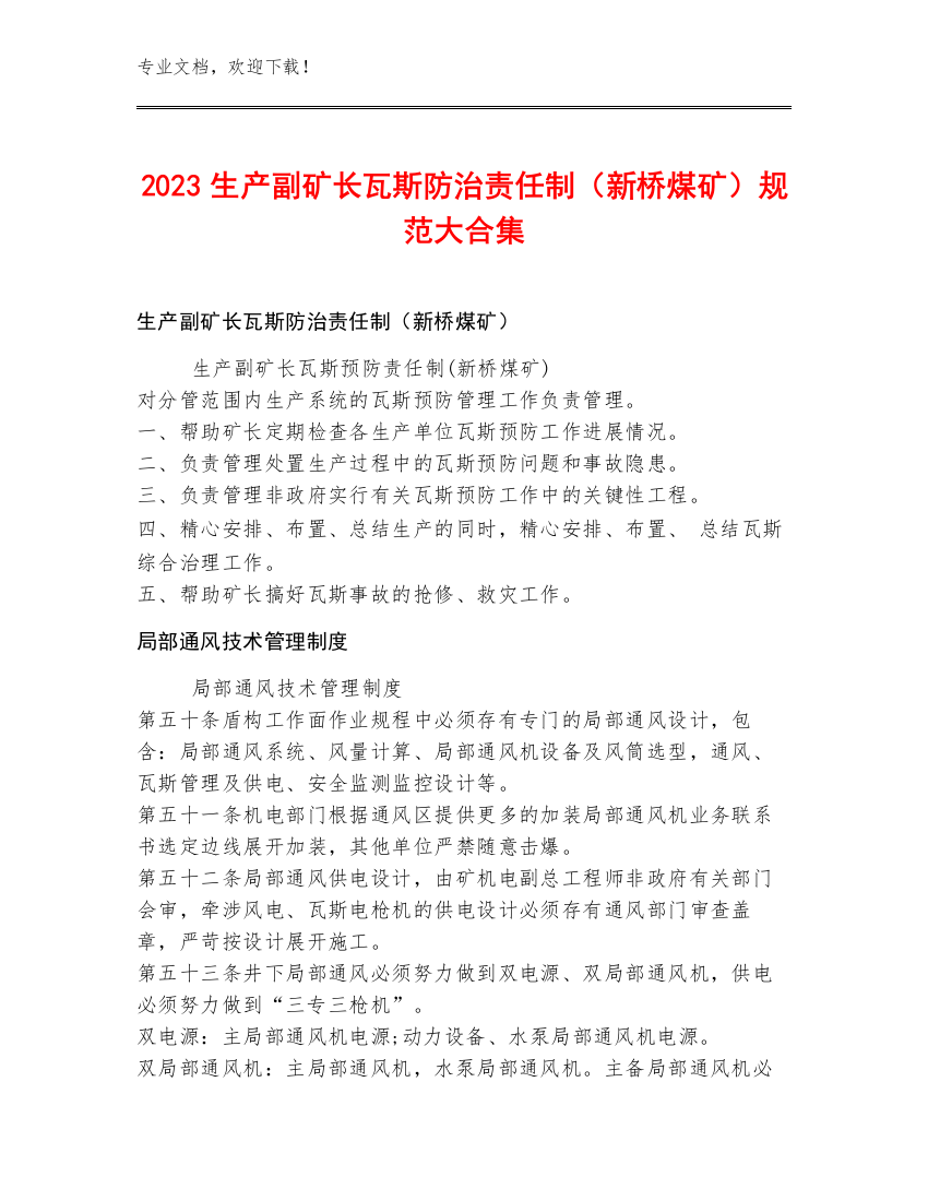 2023生产副矿长瓦斯防治责任制（新桥煤矿）规范大合集