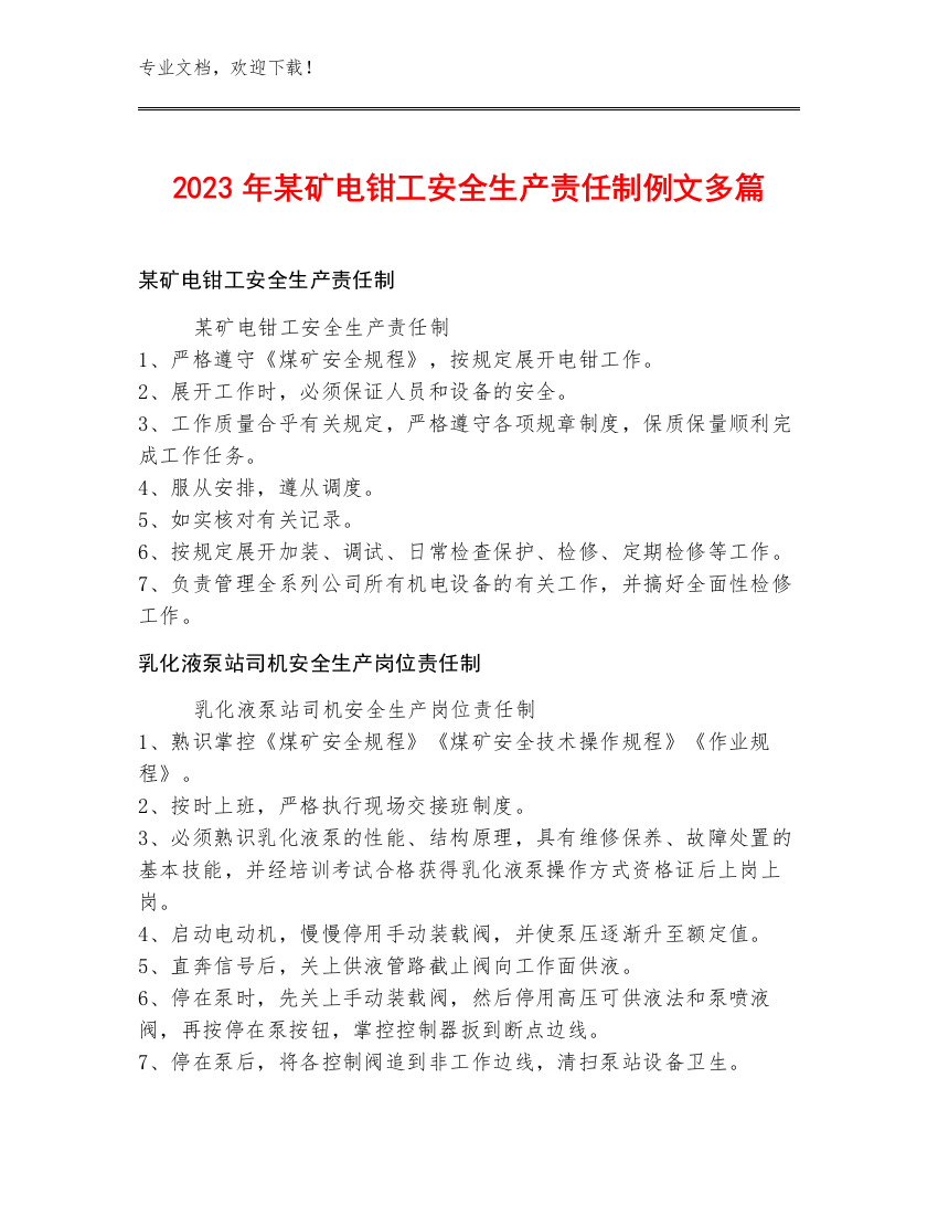 2023年某矿电钳工安全生产责任制例文多篇