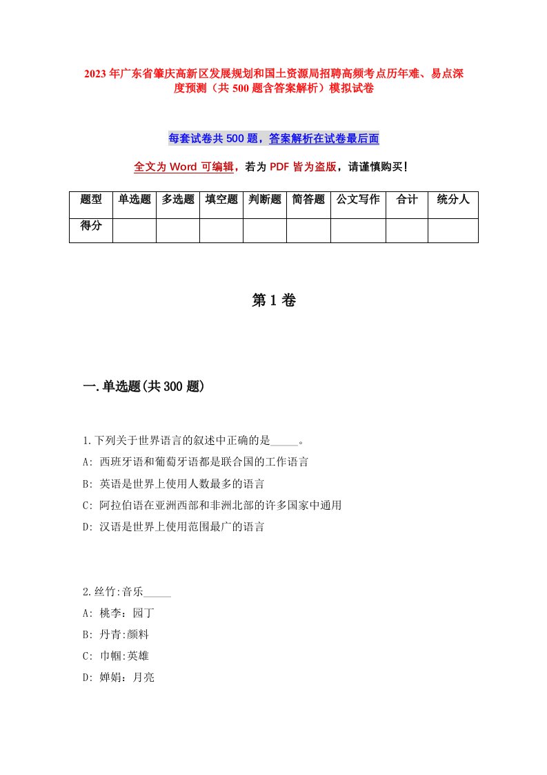 2023年广东省肇庆高新区发展规划和国土资源局招聘高频考点历年难易点深度预测共500题含答案解析模拟试卷