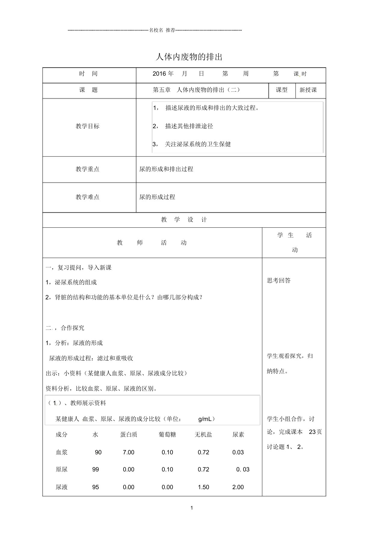 山东省郯城县初中七年级生物下册4.4.5人体内废物的排出(二)名师精选教案(新版)新人教版