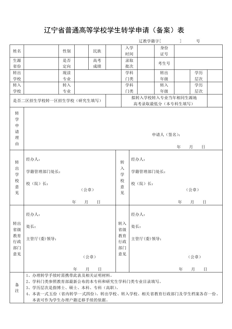 辽宁省普通高等学校学生转学申请(备案)表