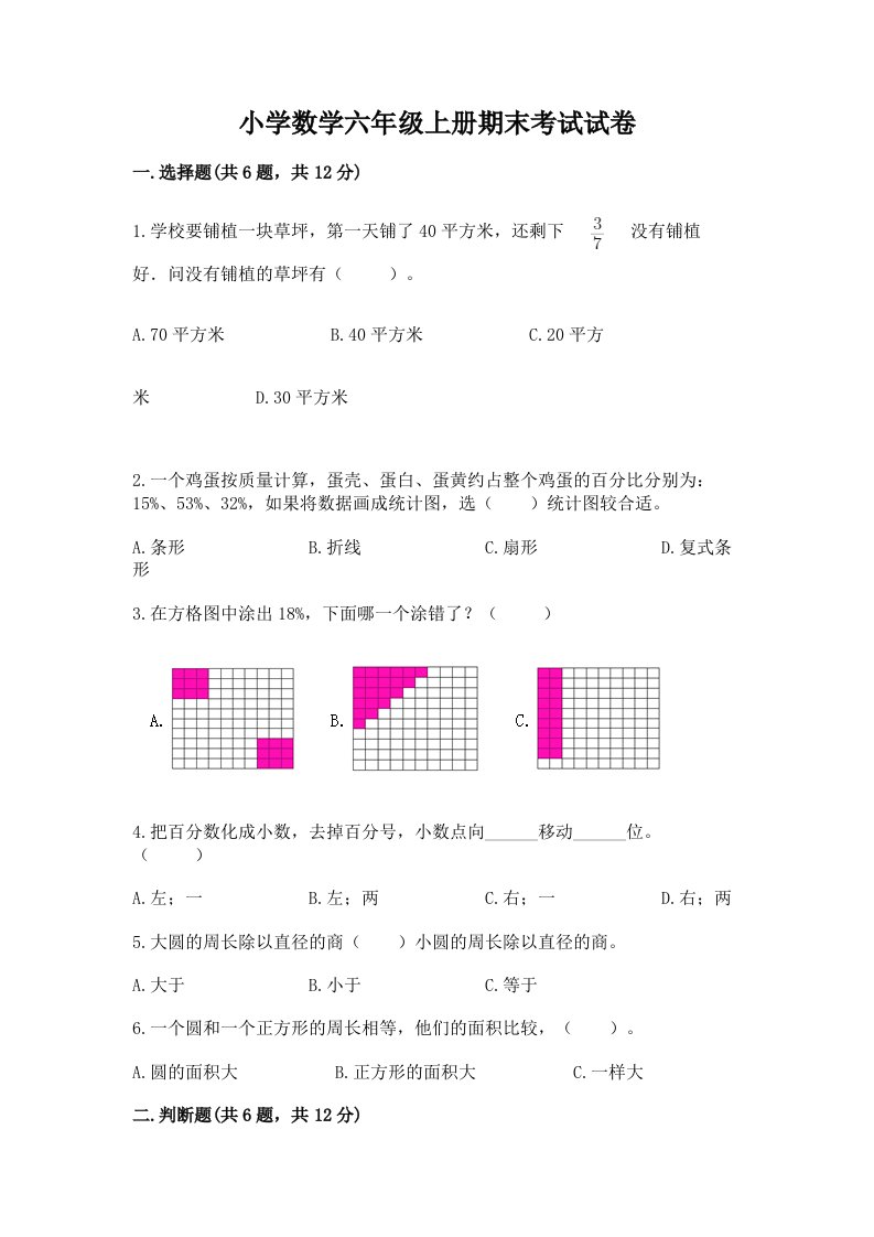 小学数学六年级上册期末考试试卷附精品答案