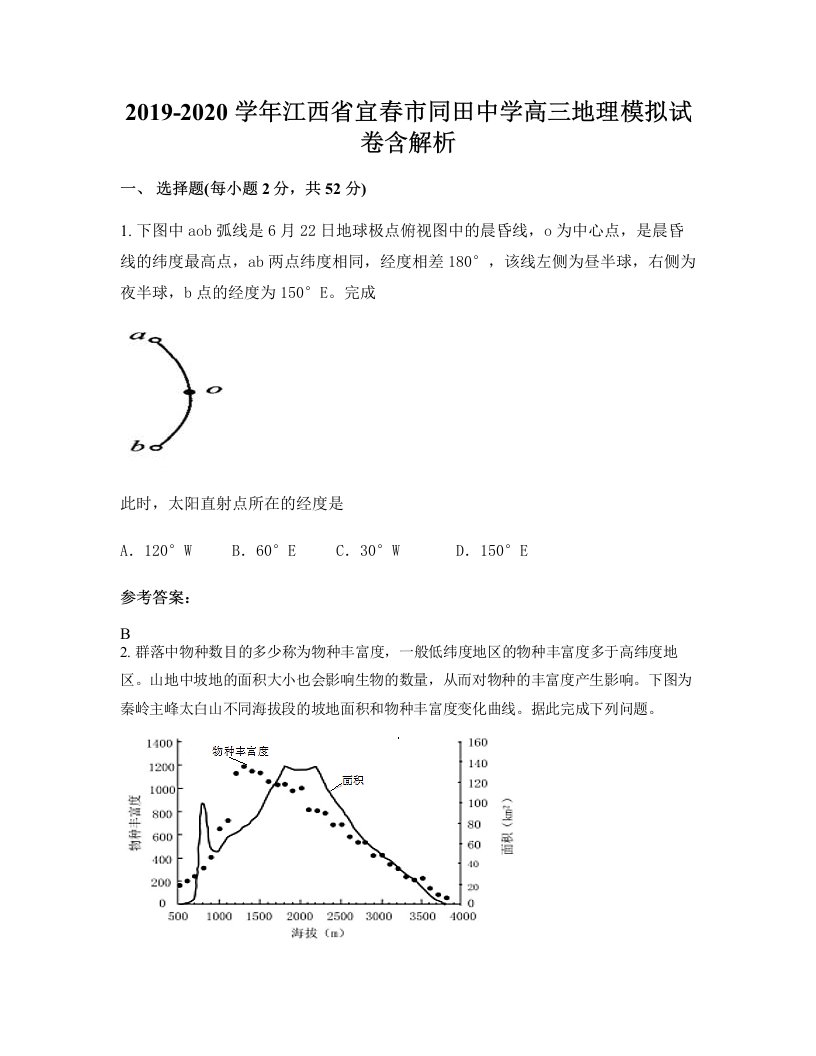 2019-2020学年江西省宜春市同田中学高三地理模拟试卷含解析