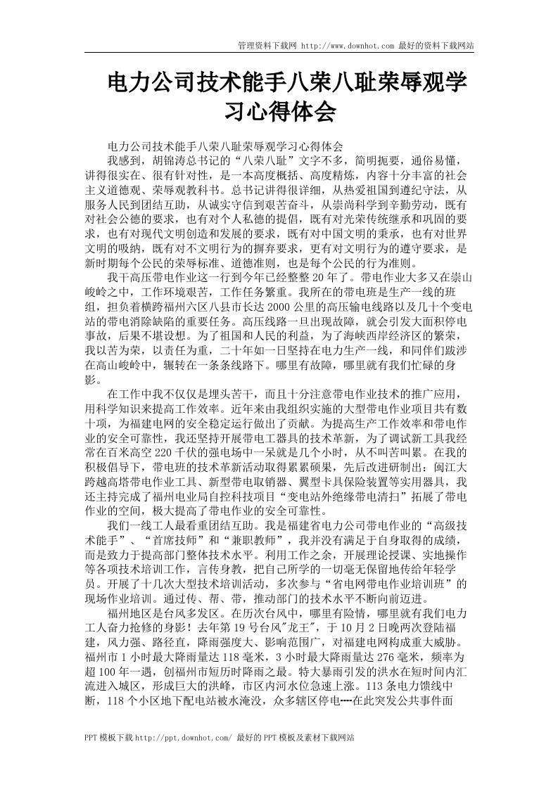 电力公司技术能手八荣八耻荣辱观学习心得体会