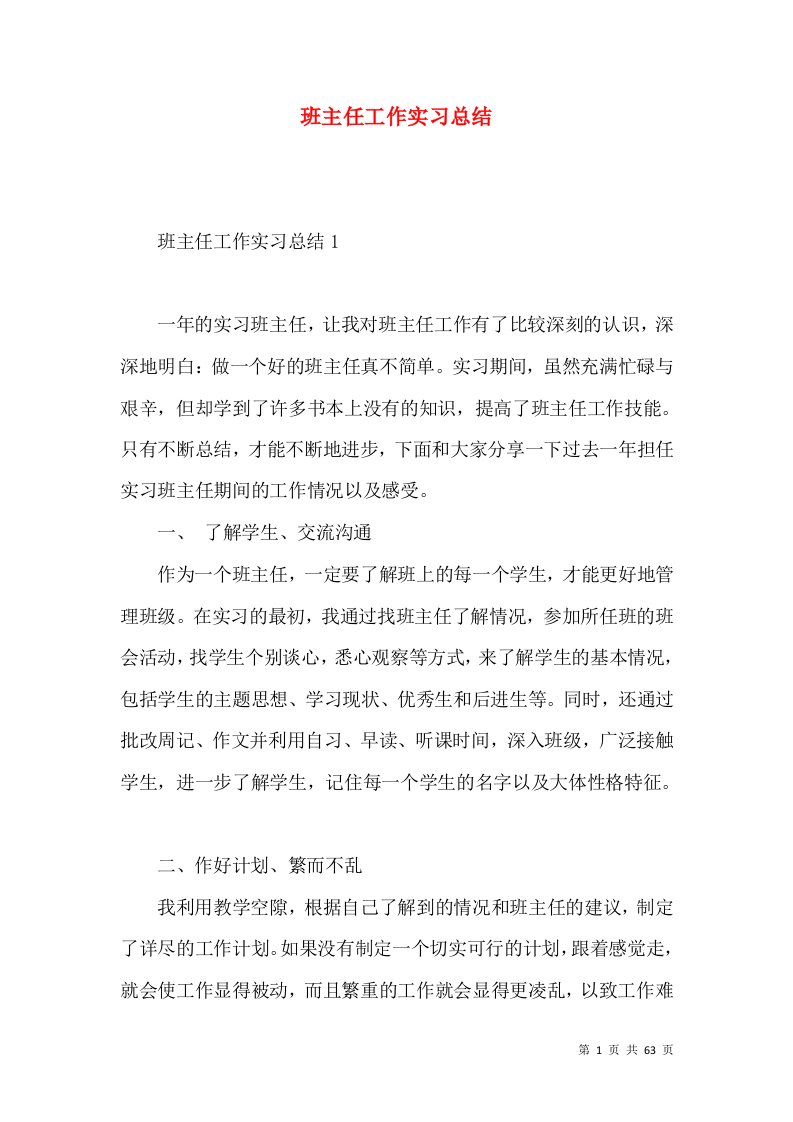 班主任工作实习总结