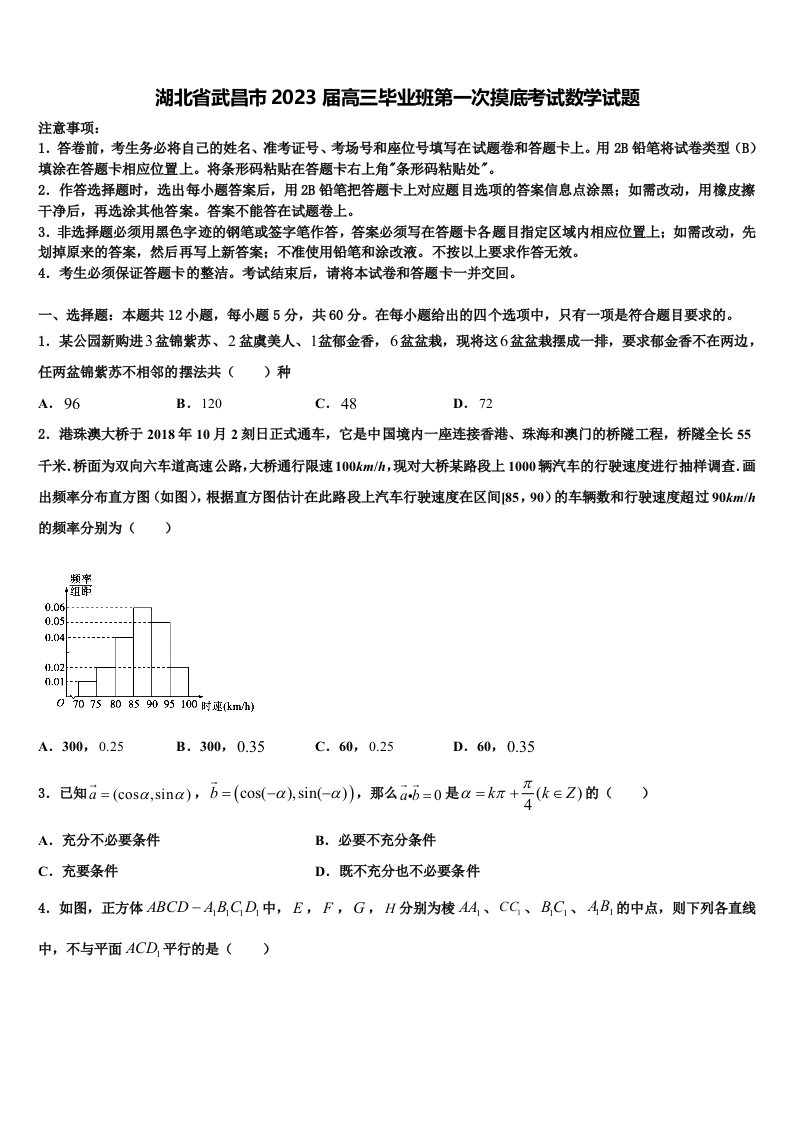 湖北省武昌市2023届高三毕业班第一次摸底考试数学试题