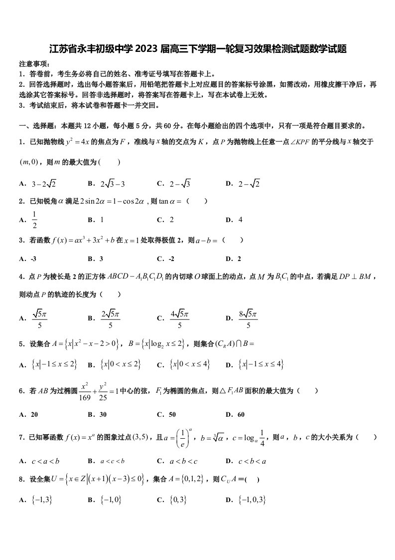 江苏省永丰初级中学2023届高三下学期一轮复习效果检测试题数学试题含解析