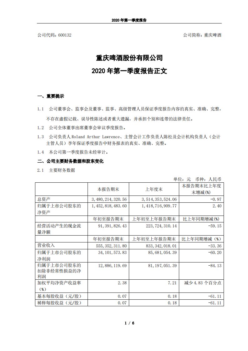 上交所-重庆啤酒2020年第一季度报告正文-20200417