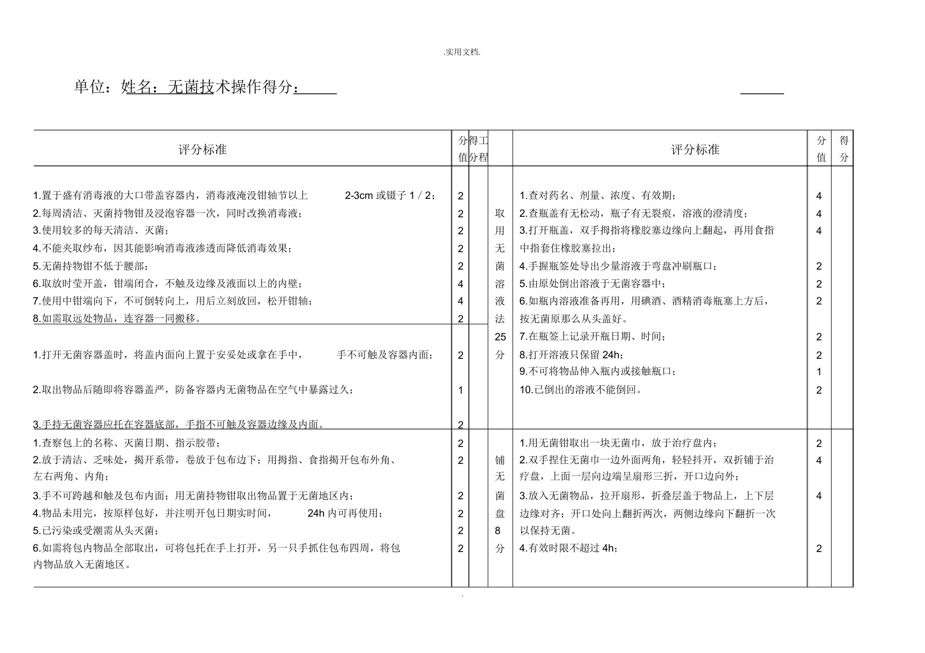 无菌技术操作考核表