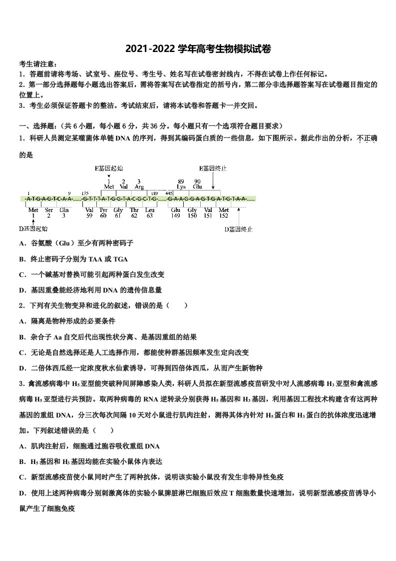 2022年天津市部分学校高三下学期一模考试生物试题含解析