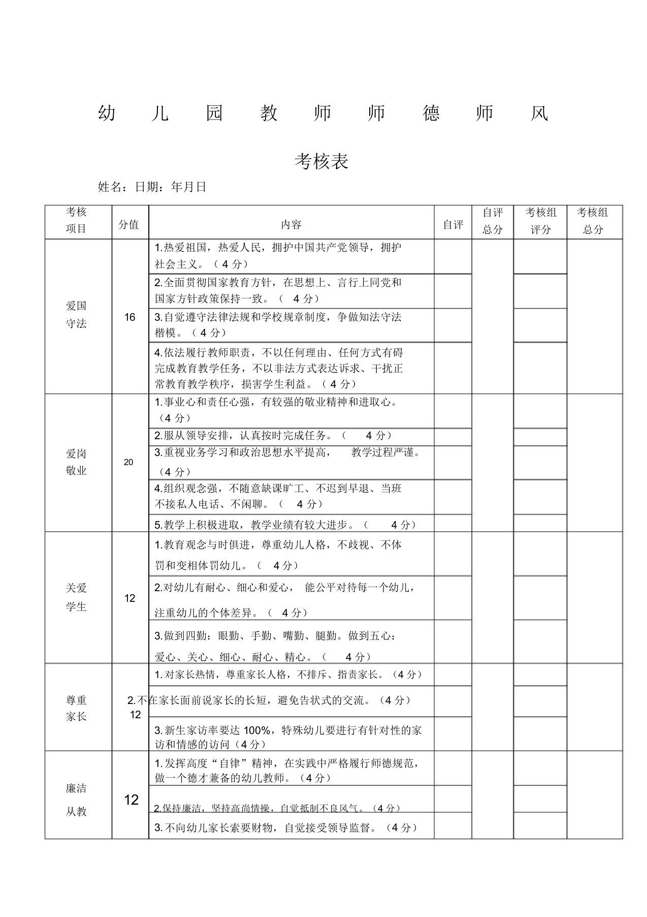 幼儿园教师师德师风考核表