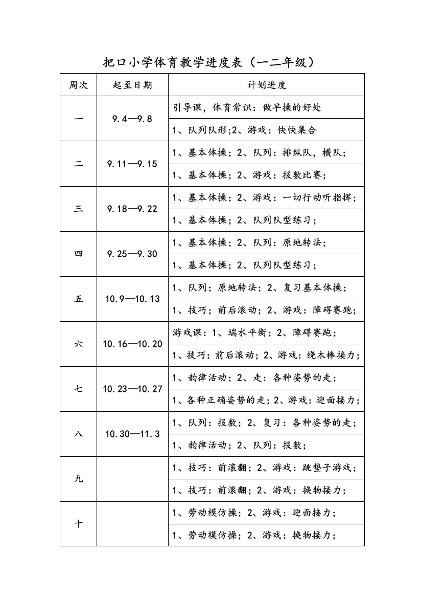 小学一年级体育教学进表