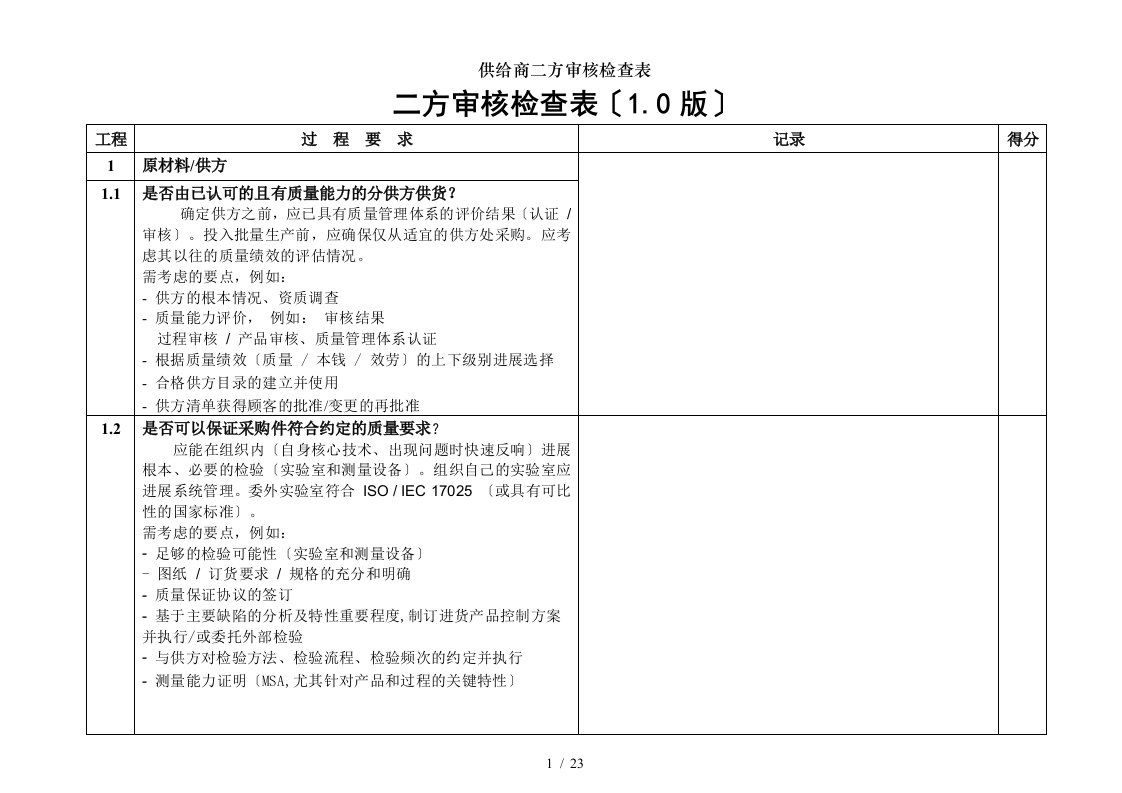 供应商二方审核检查表